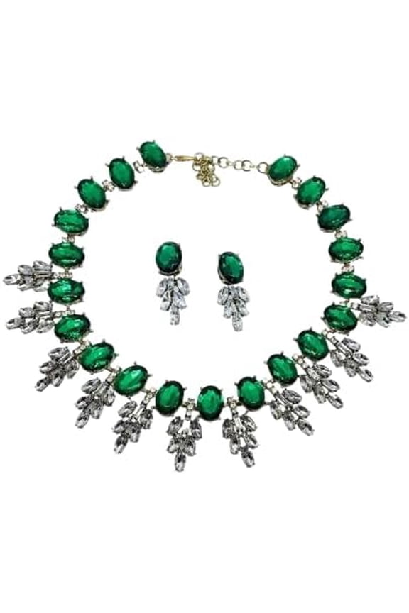 Karni Jewellery Created Emerald Green Crystal Necklace Set with Dangling Created Marquise Charms, 18 Inches