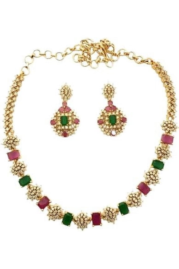 Karni Jewellery Gold Plated Necklace and Earrings Set with Created Emerald Green and Created Ruby Red Stones