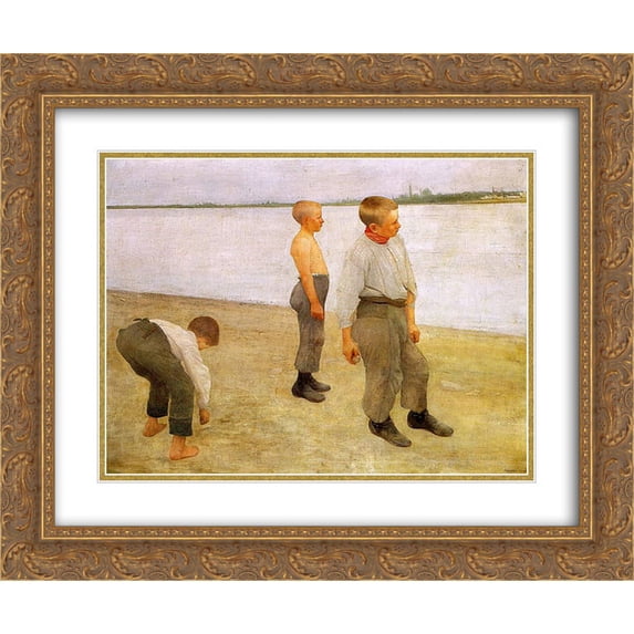 Karoly Ferenczy 2x Matted 24x20 Gold Ornate Framed Art Print 'Boys Throwing Pebbles into the River'