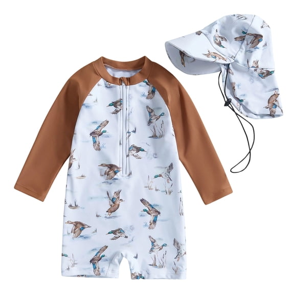 Karoyedx Baby Bathing Suit Toddler Baby Boy Rash Guard Swimsuit Long Sleeve Zipper One Piece Bathing Suit with Hat Infant Beach Swimwear Brown Size,2-3 Years