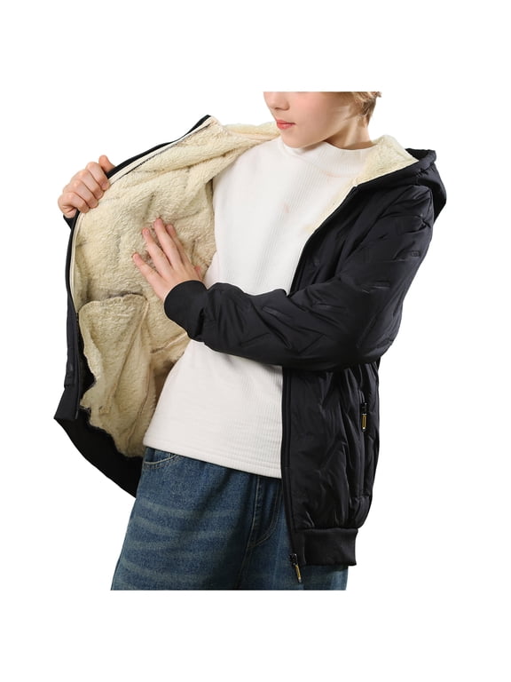 Baby Boys Girls Hooded Fleece Jacket Cute Hoodie Zip Up Coat Sherpa Winter Warm Outwear With Pocket Black Size,13-14 Years