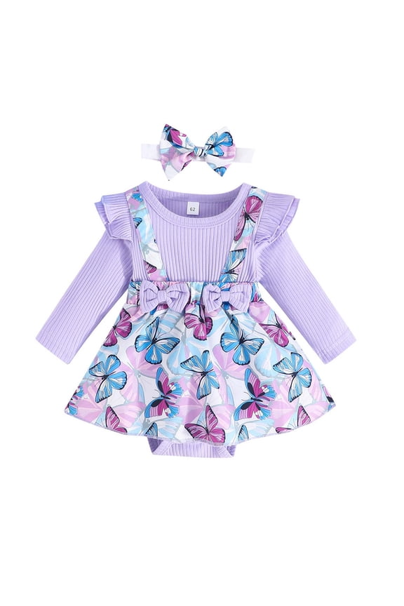 Baby Clothes for Girls Baby Girl Clothes Winter Outfit Long Sleeve Romper Newborn Fall Suspender Skirt Set with Headband Purple Size,9-12 Months