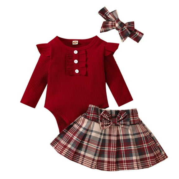 Karoyedx Baby Fall Outfit Cute Newborn Baby Girl Fall Winter Outfit Long Sleeve Ruffle Romper Plaid Bow Skirt Set Headband Clothes Wine Size,0-3 Months