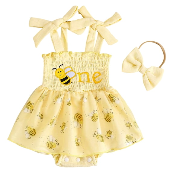 Karoyedx Baby Girl Dress Baby 1st Birthday Girl Outfit Cotton Printed Sleeveless Tutu Jumpsuit Romper Dress Headband 2pcs Summer Light Yellow Size,0-3 Months