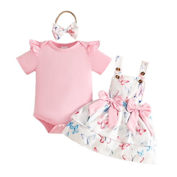 Karoyedx Baby Girl Dress Romper Baby Girl Summer Clothes Cute Outfits Short Sleeve Romper Overall Skirt Dress Headband 3PCS Newborn Outfit Pink Size,6-9 Months