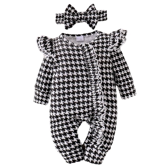 Karoyedx Baby Girl Fall Outfits Infant Baby Girl Fall Outfit Sweatshirt Romper Plaid Print Long Sleeve Jumpsuit Newborn Waffle Clothes Black Size,0-3 Months