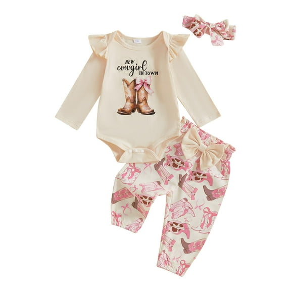 Karoyedx Baby Girl Outfit Girls Clothes Baby Girls Clothes Newborn Infant Baby Girls Outfit Long Sleeve Ruffle Romper Pants Headband Sets Beige Size,0-3 Months