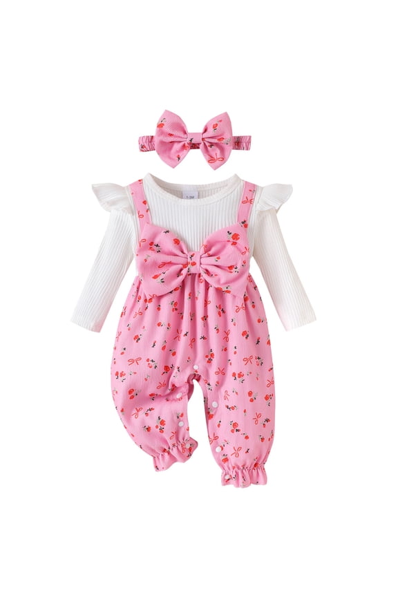 Baby Girl Outfit Newborn Baby Girl Clothes Long Sleeve Romper One Piece Jumpsuit and Floral Headband Fall Winter Infant Outfits Pink Size,1-3 Years