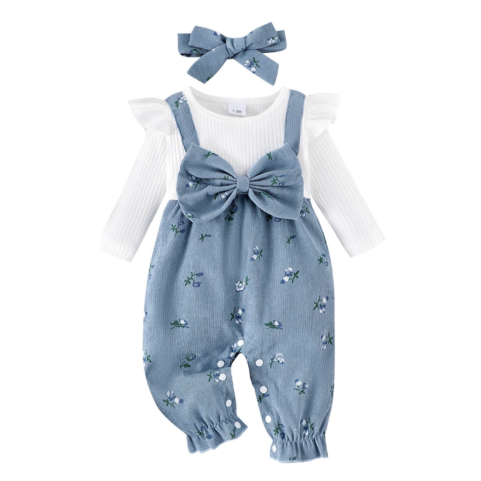 Karoyedx Baby Girl Romper Newborn Baby Girl Fall Clothes Corduroy Floral Bow Jumpsuits Ruffle Long Sleeve Outfit Infant Cute Romper Blue Size,3-6 Months