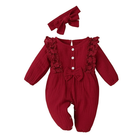 Karoyedx Baby Girl Rompers Long Sleeve Baby Girl Romper Infant Fall Winter Clothes Ruffle Long Sleeve Bodysuit Jumpsuit and Headband Red Size,6-12 Months