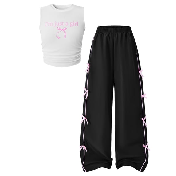 Karoyedx Baby Girl Summer Outfit Girls 2 Pieces Outfits Graphic Print Crop Top & Wide-Leg Pants Girl Clothes Set White Size,10-11 Years