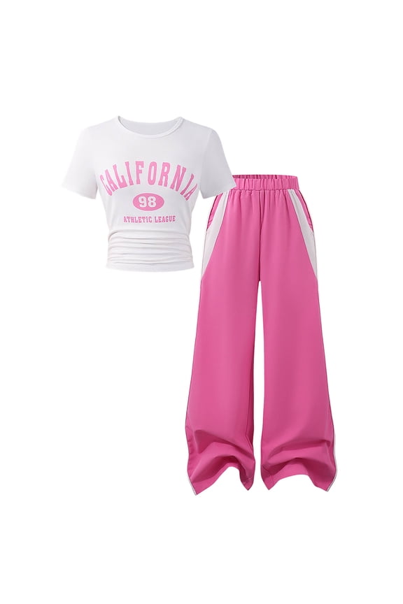 Baby Girl Summer Outfit Tween Girl Clothes Short Sleeve Top + Cargo Pants 2 Pieces Spring Summer Outfit Set Pink Size,9-10 Years