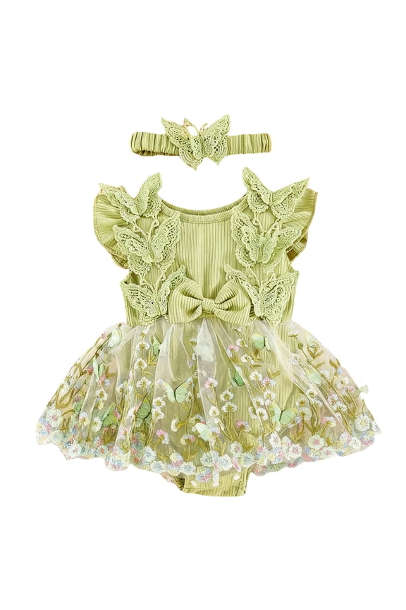 Baby Girl Summer Outfits Newborn Baby Girl Summer Rompers Summer Dress Infant Ruffle Sleeveless Clothes with Headband Green Size,3-6 Months