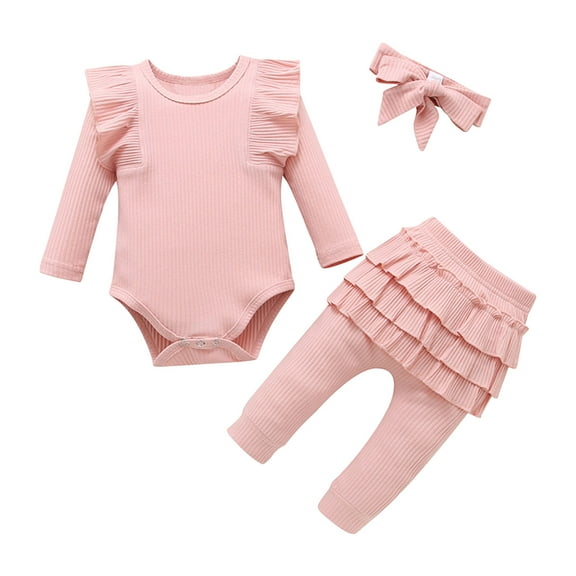 Karoyedx Baby Girl Winter Clothes Newborn Infant Baby Girl Clothes Outfits Rib Romper Pants with Headband Winter Clothing Set Pink Size,0-3 Months