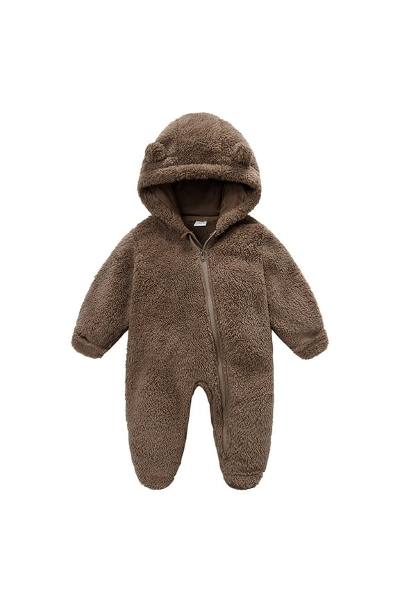 Baby Girl Winter Rompers Baby Plush Long Sleeve Fleece Jumpsuit With Ears Newborn Romper Hooded Snowsuit Infant Winter Outfit Brown Size,9-12 Months