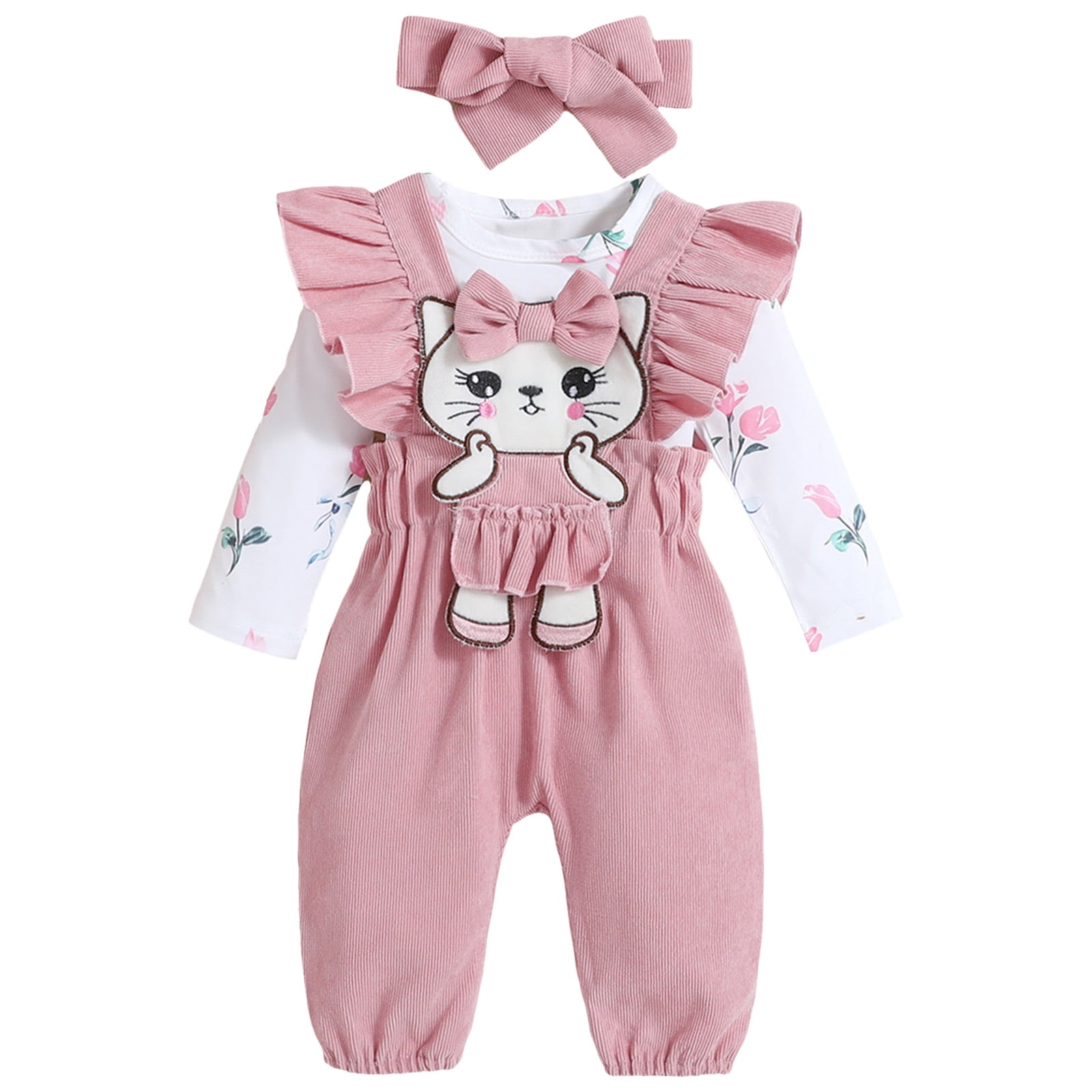 Karoyedx Baby Girls' Clothing Baby Girl Clothes Fall Winter Outfit Infant Girl Long Sleeve Ruffle Romper One Piece Jumpsuit with Headband Pink Size,0-3 Months