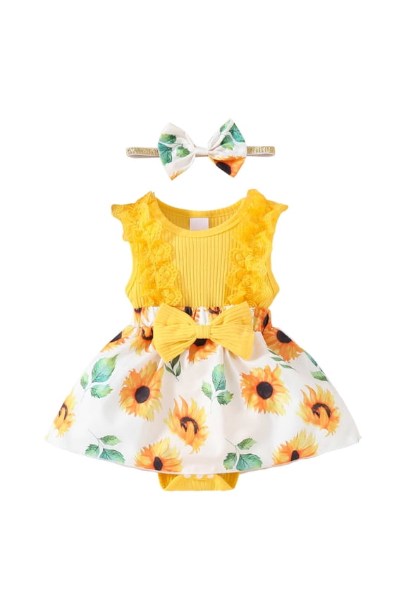 Baby Girls Elegant Clothes Baby Girl Romper Flying Sleeve Ruffle Baby Dress Romper Infant Girl Summer Clothes with Headband Yellow Size,3-6 Months