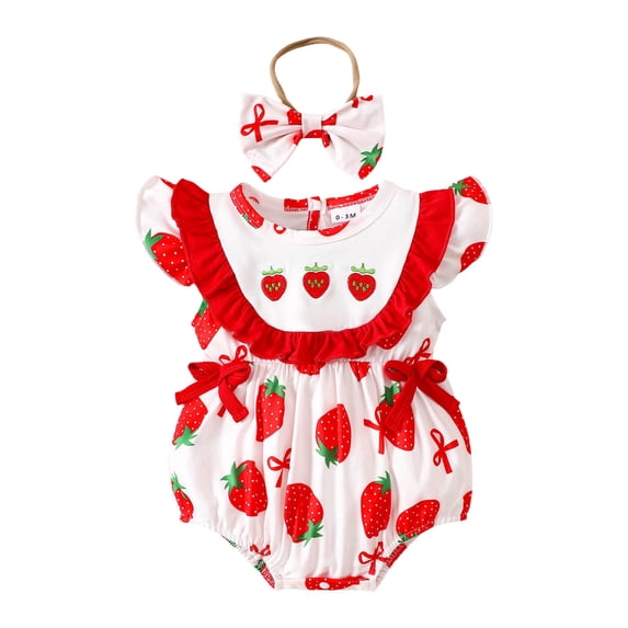 Karoyedx Baby Girls Elegant Clothes Toddler Baby Girl Clothes Ribbed Short Sleeve Ruffle Bow Romper Dress Headband Cute Summer Outfit Jumpsuit Red Size,6-12 Months