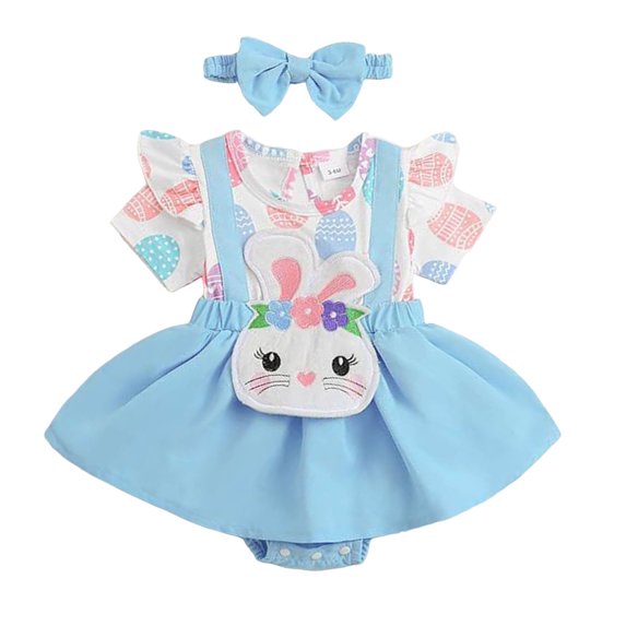 Karoyedx Baby Summer Clothes Girl Baby Girl Easter Outfits Short Sleeve Ruffle Rompers Suspender Skirt Overall Dress Sky Blue Size,0-3 Months