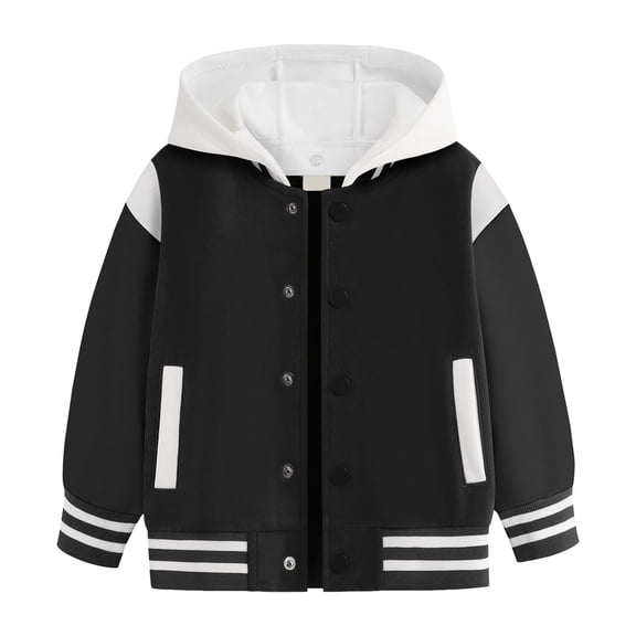 Karoyedx Baseball Jacket Toddler Girl Kids Hooded Baseball Jacket Boys Varsity Jackets Sports Track Coat Top for Girl Outerwear Black Size,11-12 Years