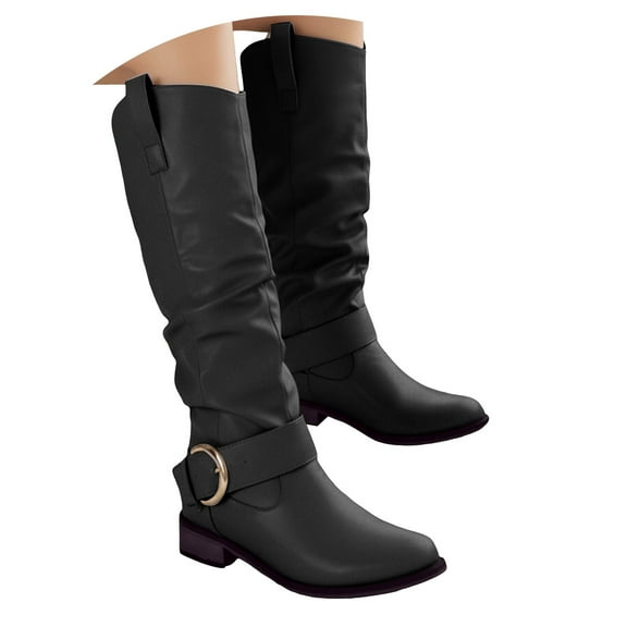 Karoyedx Boots for Women Knee High Boots Women Square Toe Pull On Wide Calf Riding Fashion Buckles Chunky Metallic Casual Vintage Buckle Black Size,9