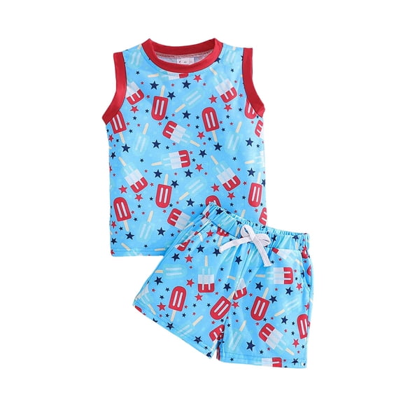 Karoyedx Boys 4th of July Shirt And Short Set 4th of July Baby Boy Clothes Summer Toddler Outfit Sleeveless Vest Tank Tops and Stars Shorts Set Infant Clothes Sky Blue Size,5-6 Years