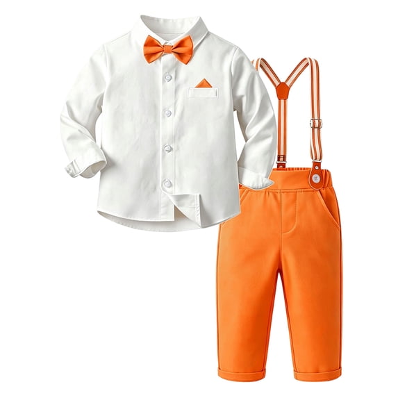 Karoyedx Boys Baptism Outfit Toddler Boys Formal Suit Long Sleeve Dress Shirt Bowtie Suspender Pants Suits Gentleman Wedding Outfits Clothes Orange Size,18-24Months