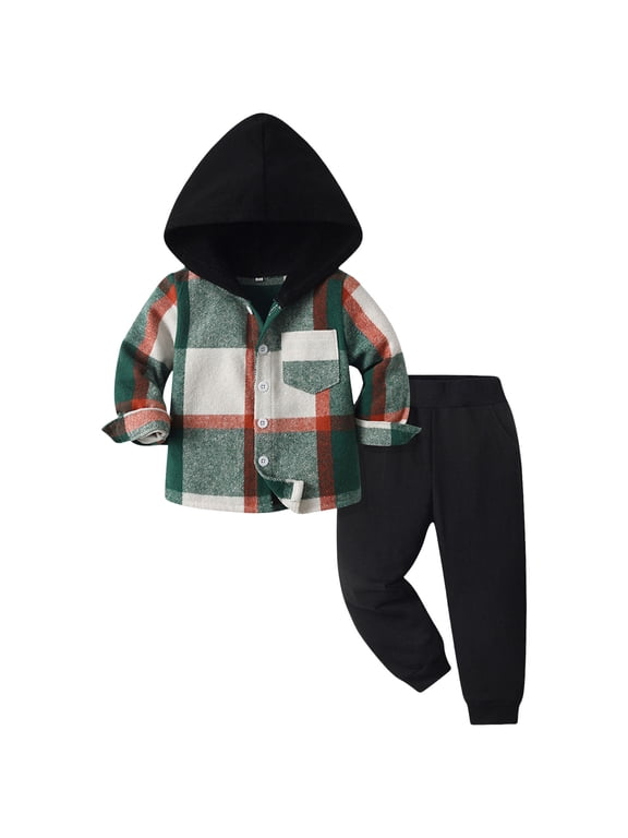 Boys Clothing Sets Toddler Little Boy Plaid Sweatsuit Outfits Long Sleeve Hooded Sweatshirt Hoodie Fall Winter Clothes Clothing Set Green Size,18-24 Months