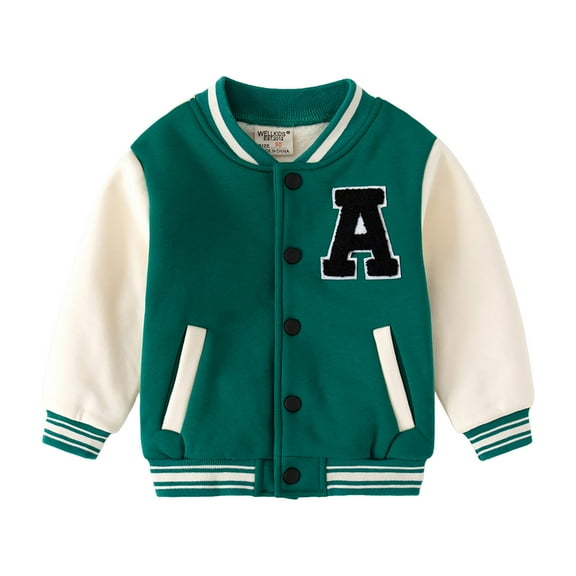 Karoyedx Boys Fall Jacket Kids Varsity Jackets Girls Boys Letterman Baseball Jacket Lightweight Bomber Coat School Outwear with Pocket Green Size,3-4 Years