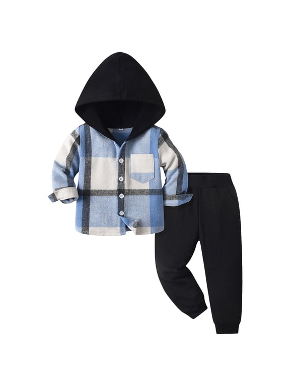 Boys Fashion Toddler Little Boy Plaid Sweatsuit Outfits Long Sleeve Hooded Sweatshirt Hoodie Fall Winter Clothes Clothing Set Blue Size,12-18 Months