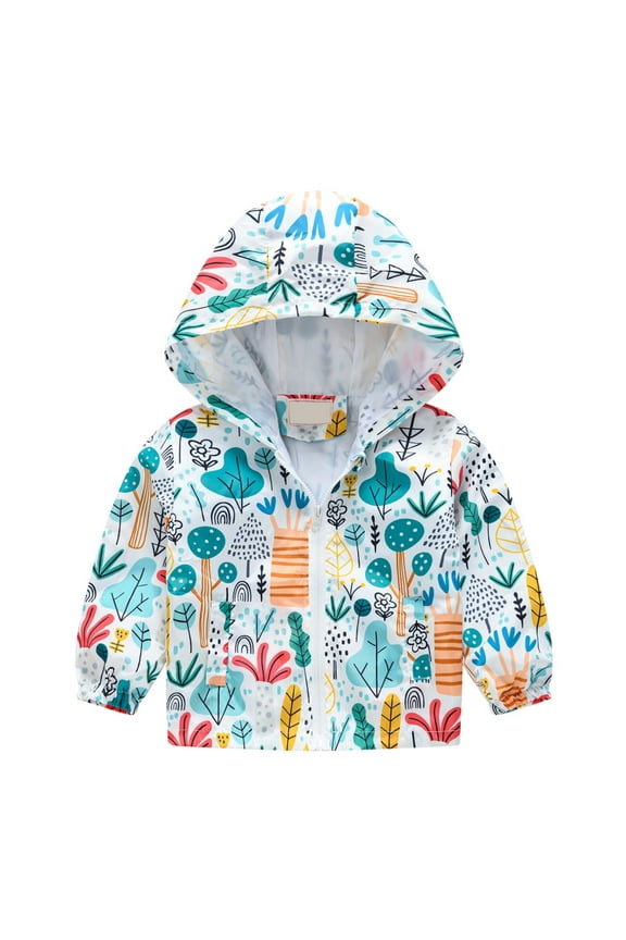Boys Girls Rain Jacket Lightweight Waterproof Hooded Fleece Lined Raincoat Windbreakers for Kids White C Size,18-24 Months