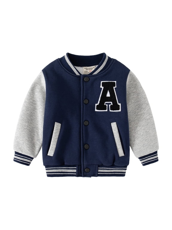 Boys Letterman Jacket Toddler Boy's Varsity Jacket Letter Graphic Color Block Collar Long Sleeve Baseball Jacket Streetwear Navy Size,4-5 Years