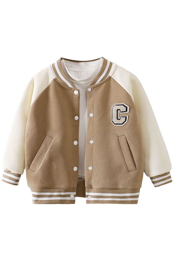 Boys Lightweight Jacket Kids Baseball Jackets Boys Girls Spring Autumn Varsity Jacket Everyday Classic Fashion School Sport Clothing Khaki Size,5-6 Years