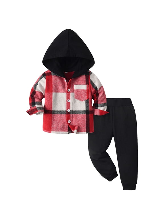 Boys Outfits Toddler Little Boy Plaid Sweatsuit Outfits Long Sleeve Hooded Sweatshirt Hoodie Fall Winter Clothes Clothing Set Red Size,12-18 Months