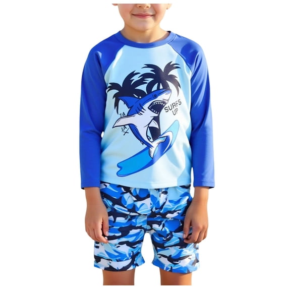 Karoyedx Boys Rash Guard Toddler Boy Swimsuit Boys Swim Set 2 Piece Long Sleeve Boys Swimming Shirt Trunks Rash Guard Bathing Suits Sky Blue Size,5 Years