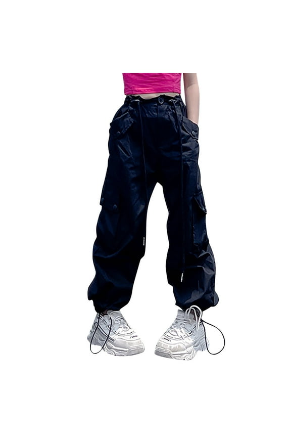 Cargo Pants Girls Joggers Pants Kids Elastic Waist Mesh Side Hiking Pants Streetwear with Pockets Black Size,5-6 Years