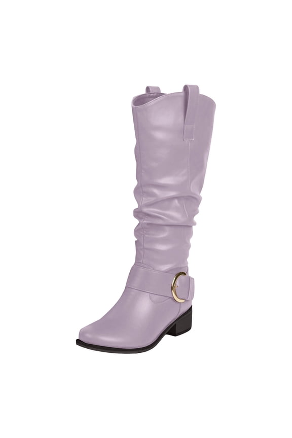 Combat Boots Womens Knee High Boots Women Square Toe Pull On Wide Calf Riding Fashion Buckles Chunky Metallic Casual Vintage Buckle Purple Size,7.5