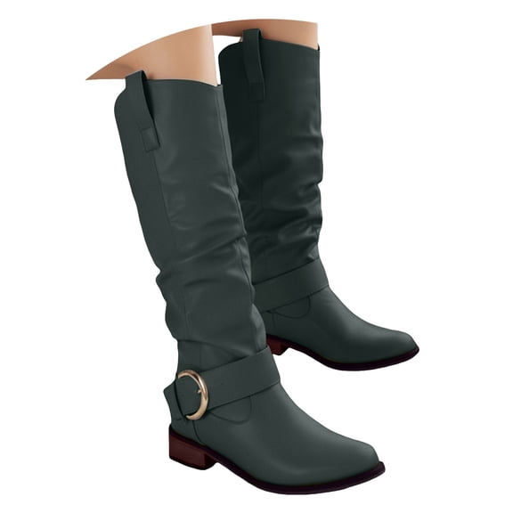Karoyedx Cowgirl Boots Women Knee High Boots Women Square Toe Pull On Wide Calf Riding Fashion Buckles Chunky Metallic Casual Vintage Buckle Green Size,6.5