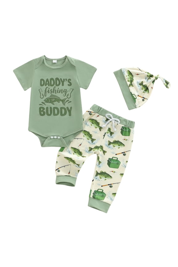 Cute Baby Boy Outfit Newborn Baby Boy Coming Home Outfit Short Sleeve Print Romper and Pants with Hat Summer Clothes 3Pcs Green Size,0-3 Months