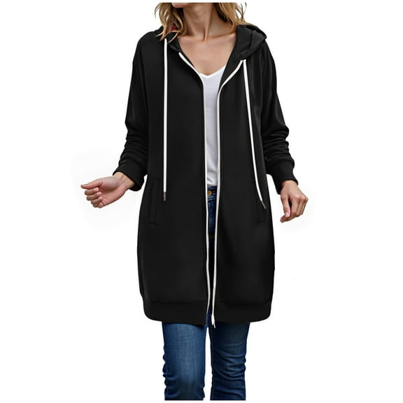 Karoyedx Cute Hoodies for Women Long Hoodies For Women Zip Up Hoodie Trendy Casual Oversized Fleece Tunic Sweatshirts Fall Winter Jacket Coat Black Size,M
