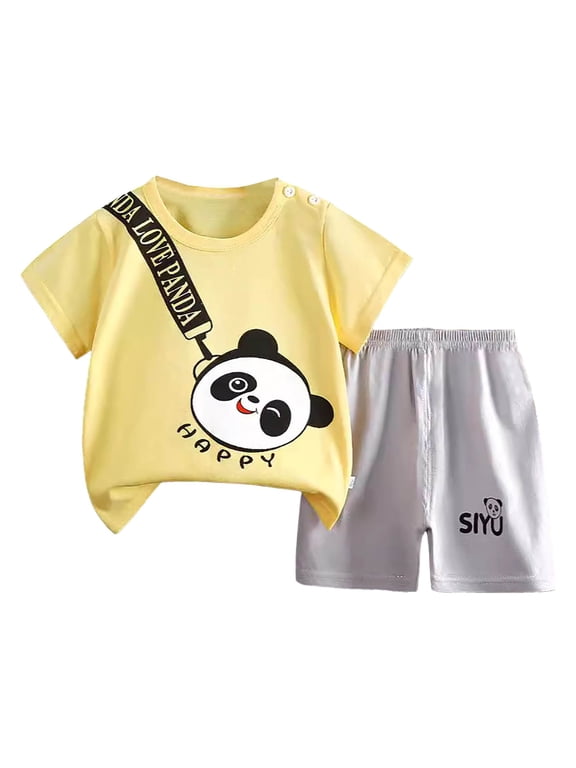Cute Outfits for Boys Summer Shorts Sets Short Sleeve Cotton Print Tops And Shorts Toddler Boy Clothes Light Yellow Size,3-4 Years