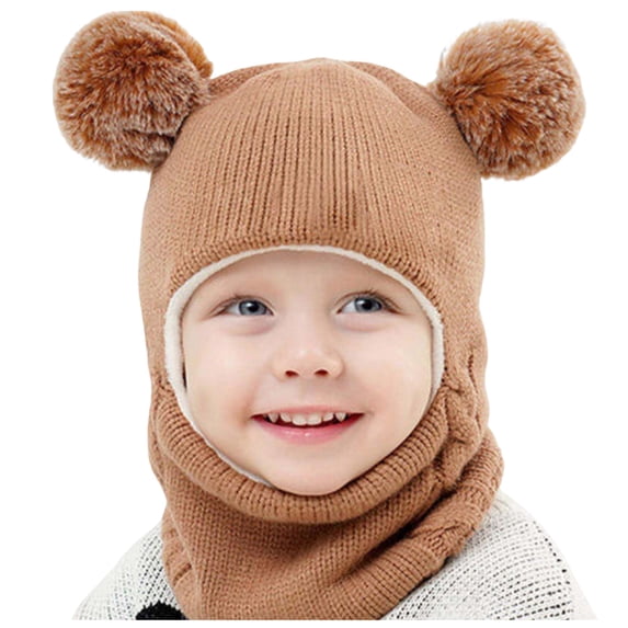 Karoyedx Cute Winter Hats for Toddler Girls Kids Winter Hat Scarf Set for Baby Girls Boys Toddler Knit Beanie Hat for Infant with Warm Fleece Lined Pom Khaki Size,2-7 Years