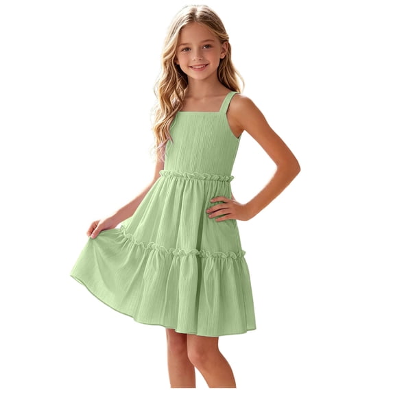 Karoyedx Dress for Toddler Girls Toddler Baby Girl Dress Summer Cotton Linen Ruffle Halter Sleeveless Kids Casual Beach Party Dresses Green Size,9-10 Years
