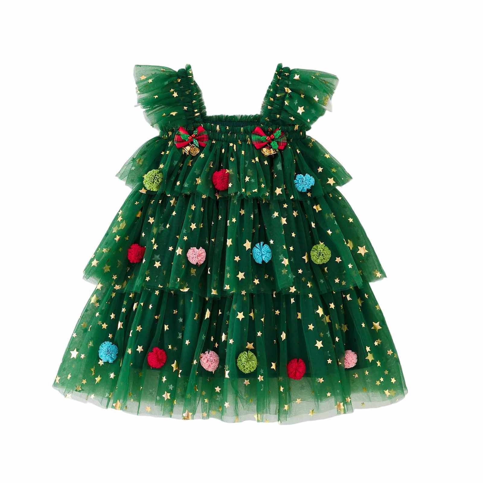 HINTINA Toddler Girl Christmas Dress - Flared Sleeve, Ruffle Hem With Reindeer & Snowman Print