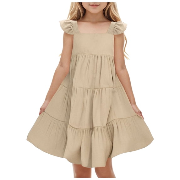 Karoyedx Dress for Girls Toddler Girl Summer Dress Boho Floral Sleeveless Ruffled Dresses Baby Girls Beach Sundress Outfit Khaki Size,5-6 Years