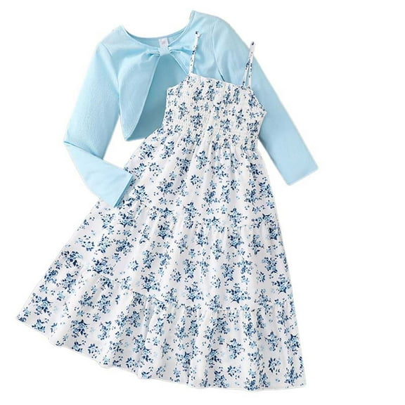 Karoyedx Dresses for Kids Girls Outfit Set For Teen Girls Long Sleeve Floral Print Coat Dress Daily Wear Outfits Sets 2Pc Sky Blue Size,7-8 Years