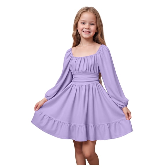 Karoyedx Elegant Christmas Party Dress For Girls Girls Fall Dress Long Sleeve Dresses Smocked Ruched Square Neck Tiered Flowy Casual Dress Light Purple Size,7-8 Years