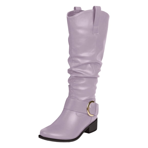 Karoyedx Fall Booties Knee High Boots Women Square Toe Pull On Wide Calf Riding Fashion Buckles Chunky Metallic Casual Vintage Buckle Purple Size,9