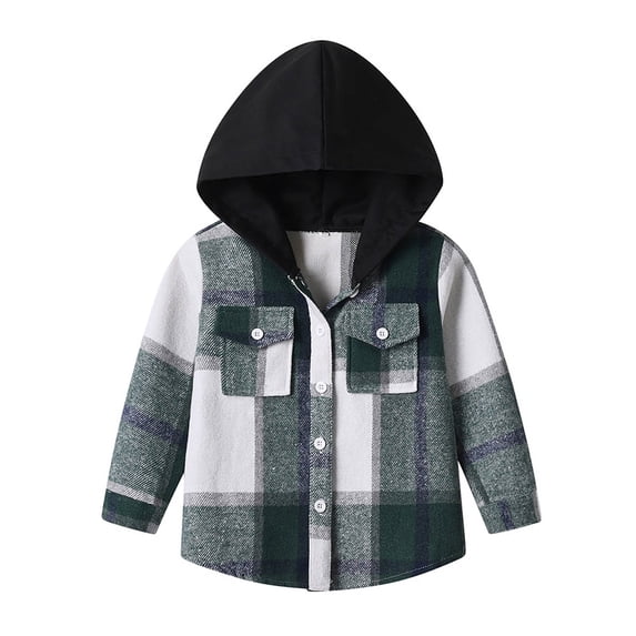 Karoyedx Flannel Shirts for Toddler Boys Button Down Shirts Soft Hooded Long Sleeve Shirt Jacket for Boys Classic Plaid Flannel Shacket Dark Gray Size,18-24 Months