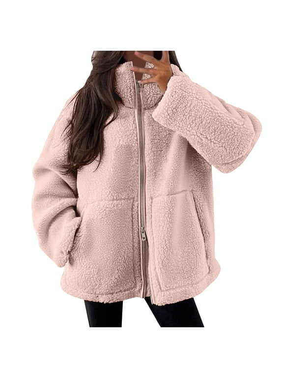 Fleece Jacket Women Fleece Jacket Women Sherpa Oversized Zip Up Fall Jackets Winter Coats Warm Outwear 2025 Fashion Light Pink Size,M